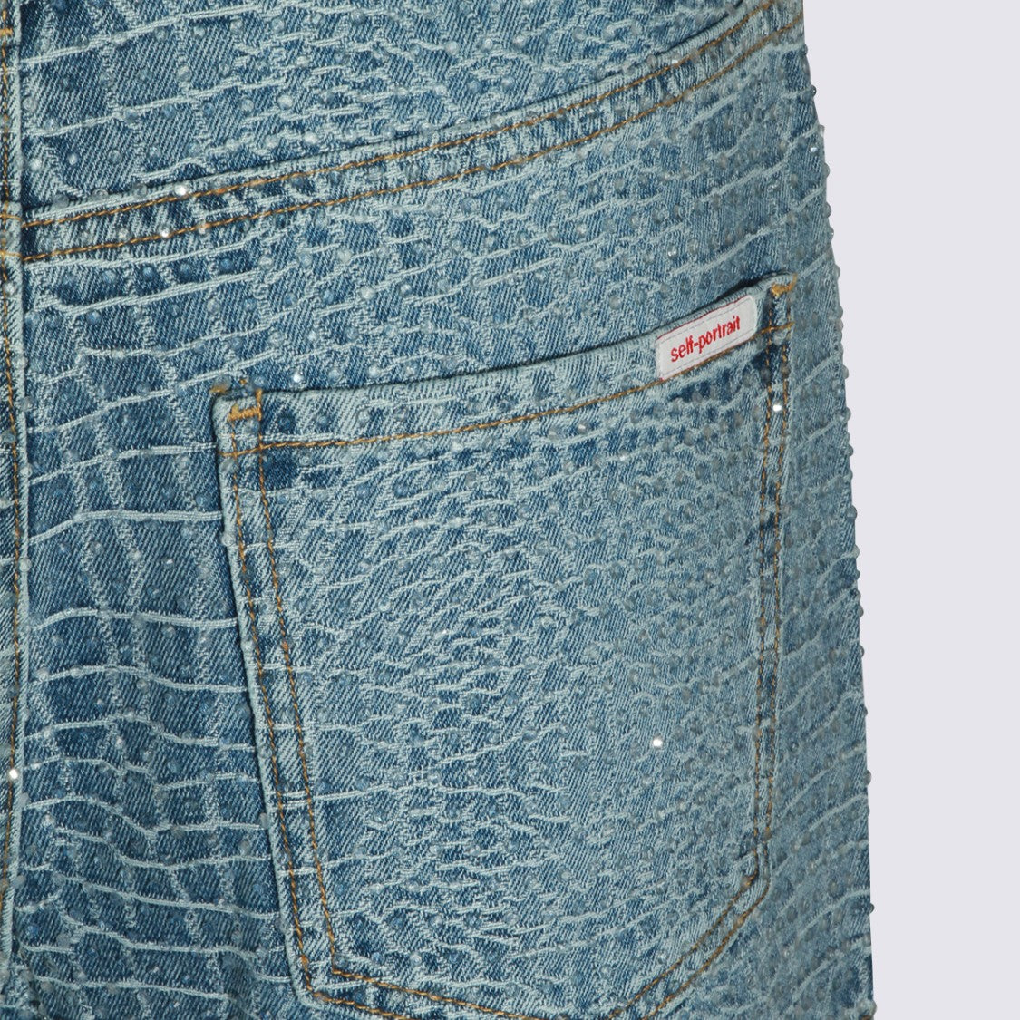 Self-Portrait Textured Denim Shorts With Crocodile Skin Pattern