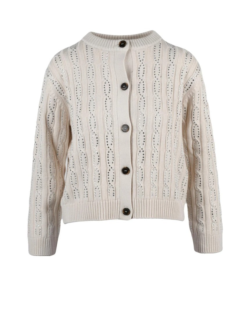 Marella Sport Beige Rhinestone Embellished Cotton-Blend Cardigan