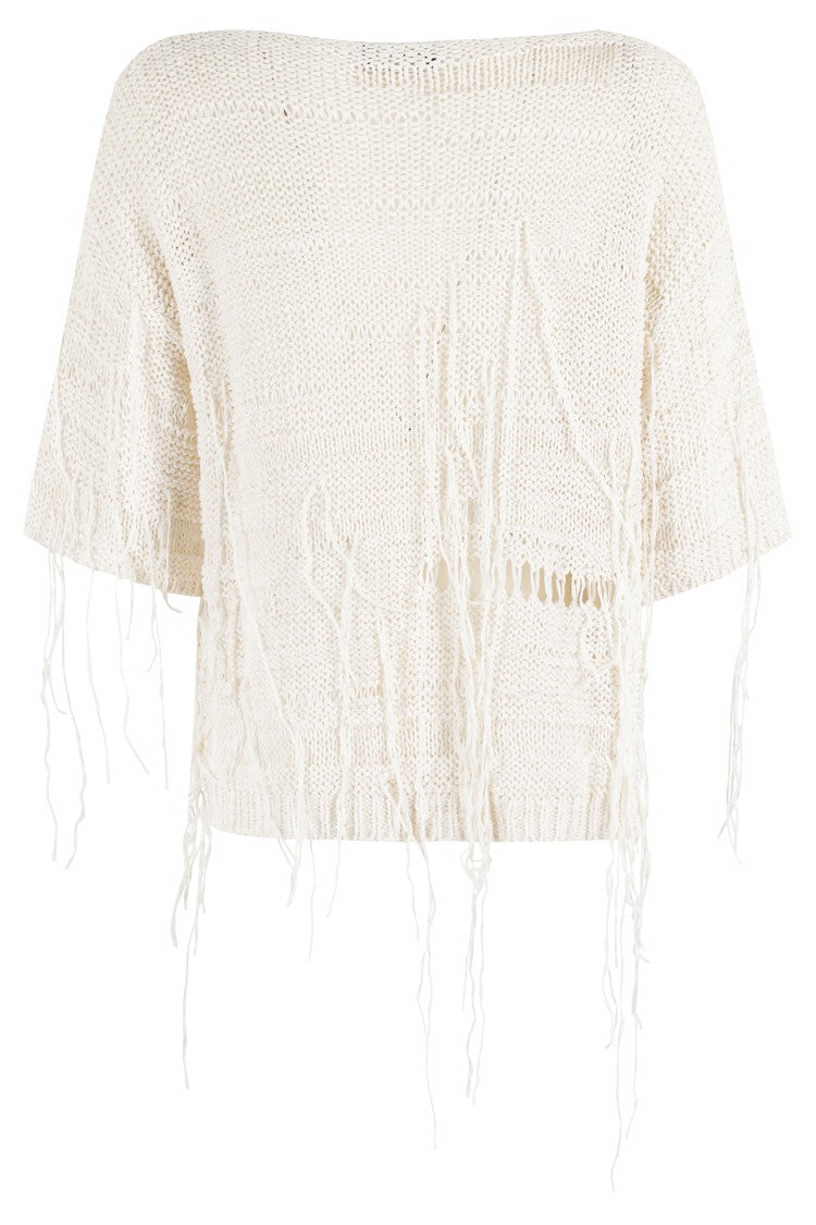 Roberto Collina Cropped Ecru Knit Top With Fringed Detailing