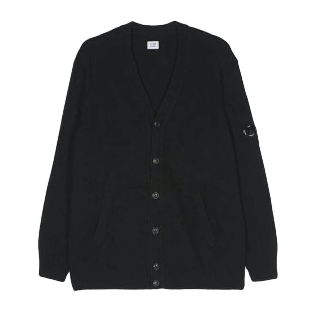 C.P. Company Minimalist Black Button-Up Cardigan With V-Neckline And Subtle Patch Detail