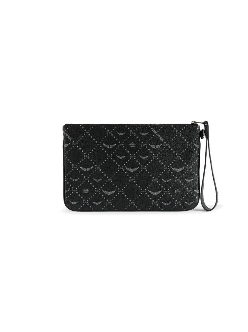 Zadig & Voltaire Rectangular Black Textured Wristlet Clutch With Distressed Logo