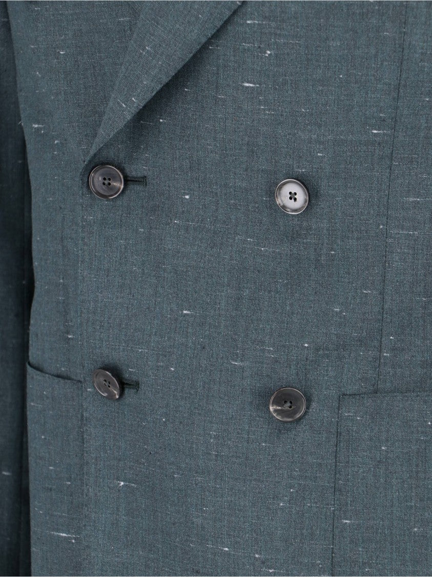 Caruso Green Double-Breasted Textured Silk-Wool Blazer