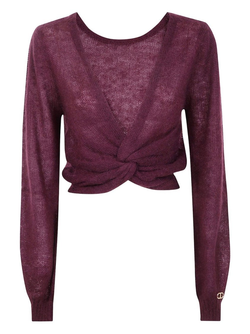 Twin-Set Cropped Bordeaux Sweater With Twisted Front Detail