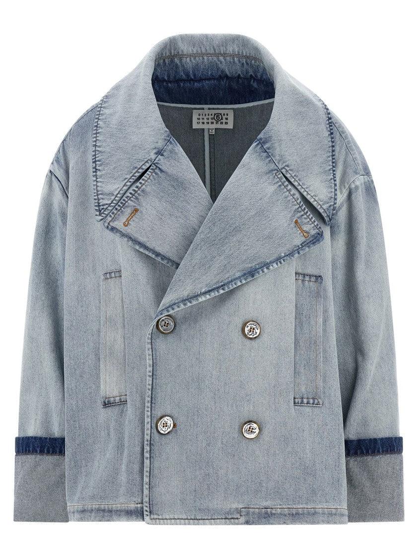 Mm6 By Maison Margiela Cotton Denim Double-Breasted Jacket With Asymmetric Hem