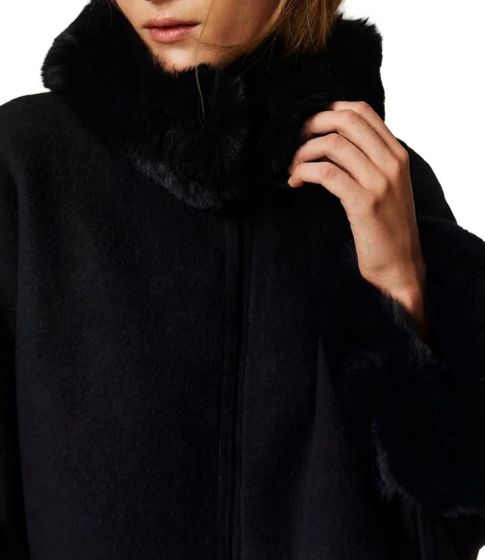 Twin-Set Plush Fur Trim Flowing Cape Coat