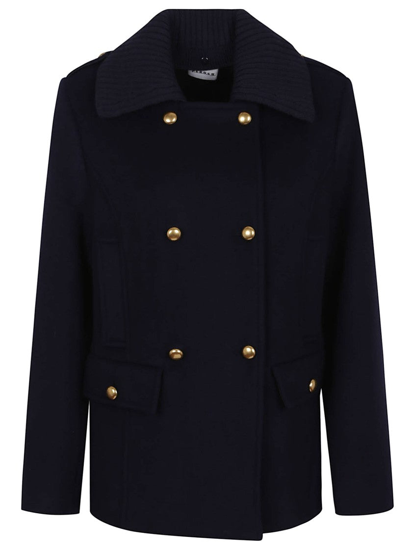 Parosh Pure Wool Blazer With Gold Button Accents And Ribbed Knit Collar