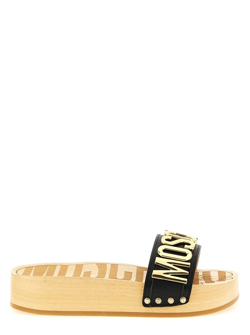 Moschino Calf Leather Clog Sandals With Bold Logo And Flatform Midsole