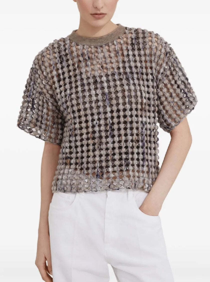 Brunello Cucinelli Open-Weave Textured Short Sleeve Knitwear