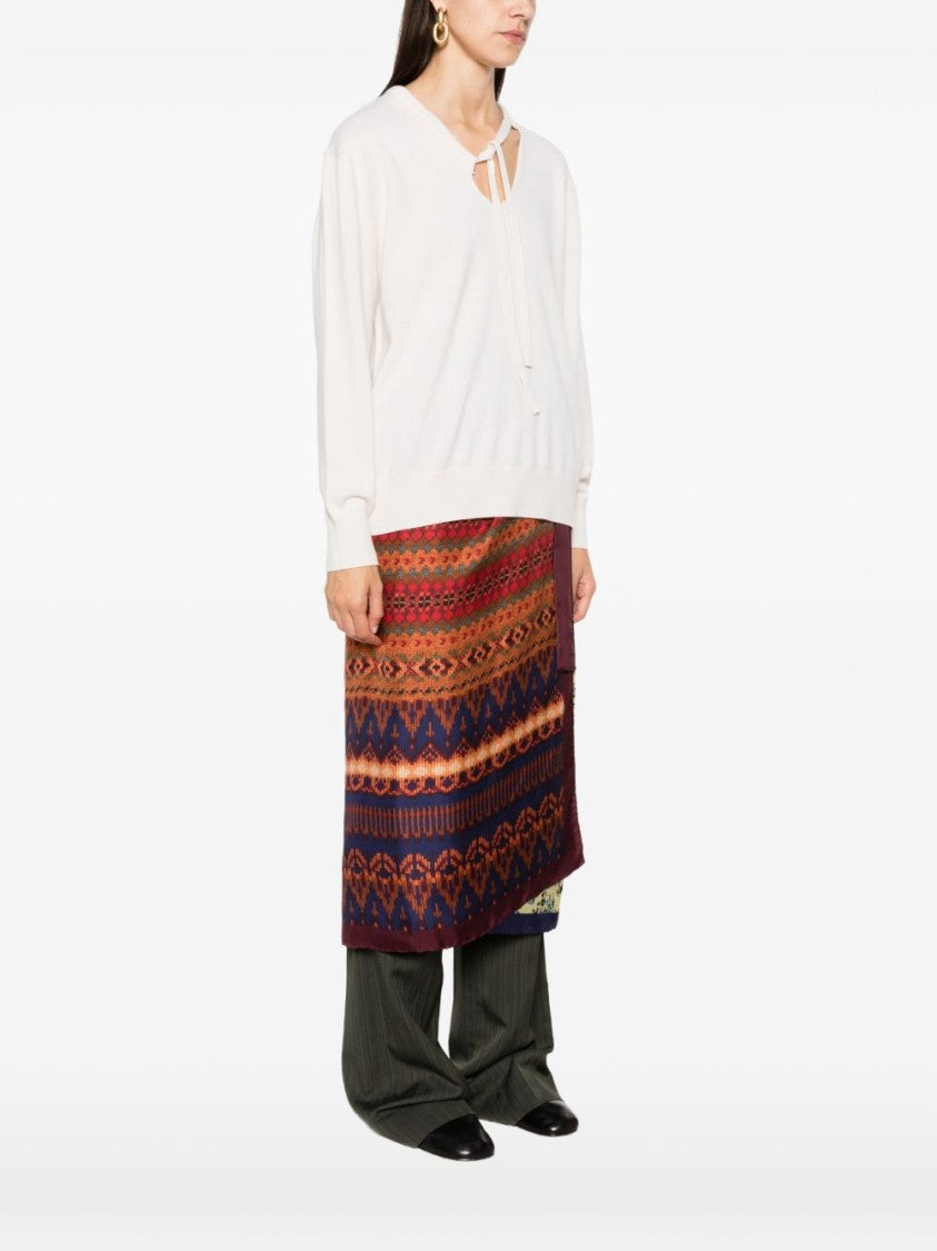 Dries Van Noten Ecru Ruffled V-Neck Knit Sweater