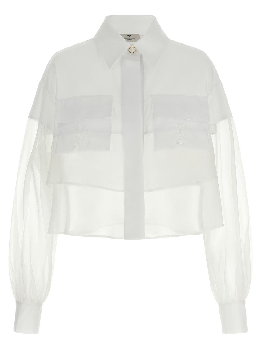 Elisabetta Franchi Cropped White Organza And Cotton Poplin Shirt With Crochet Logo Embroidery