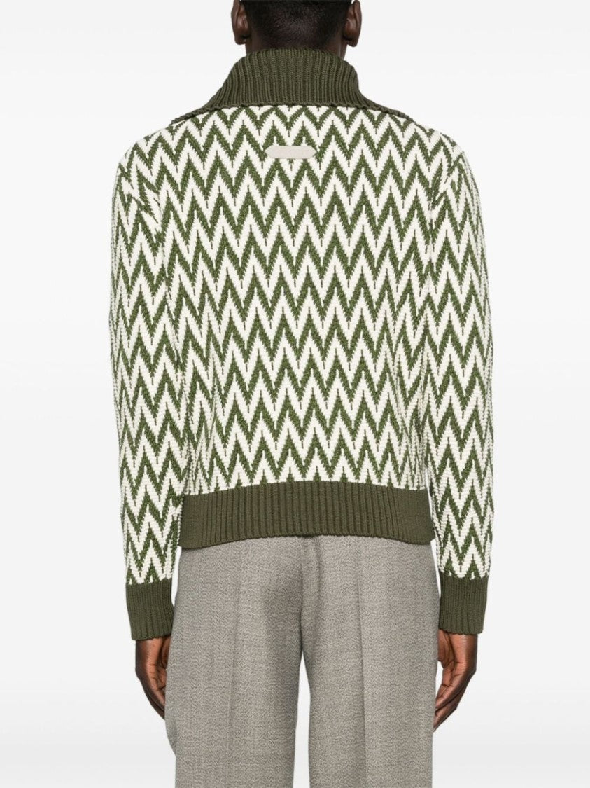 Lanvin Khaki And White Herringbone Pattern Cotton Sweater