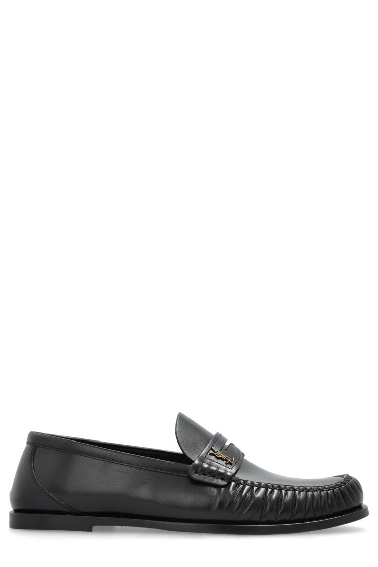 Saint Laurent Gathered Detail Black Calf Leather Loafers