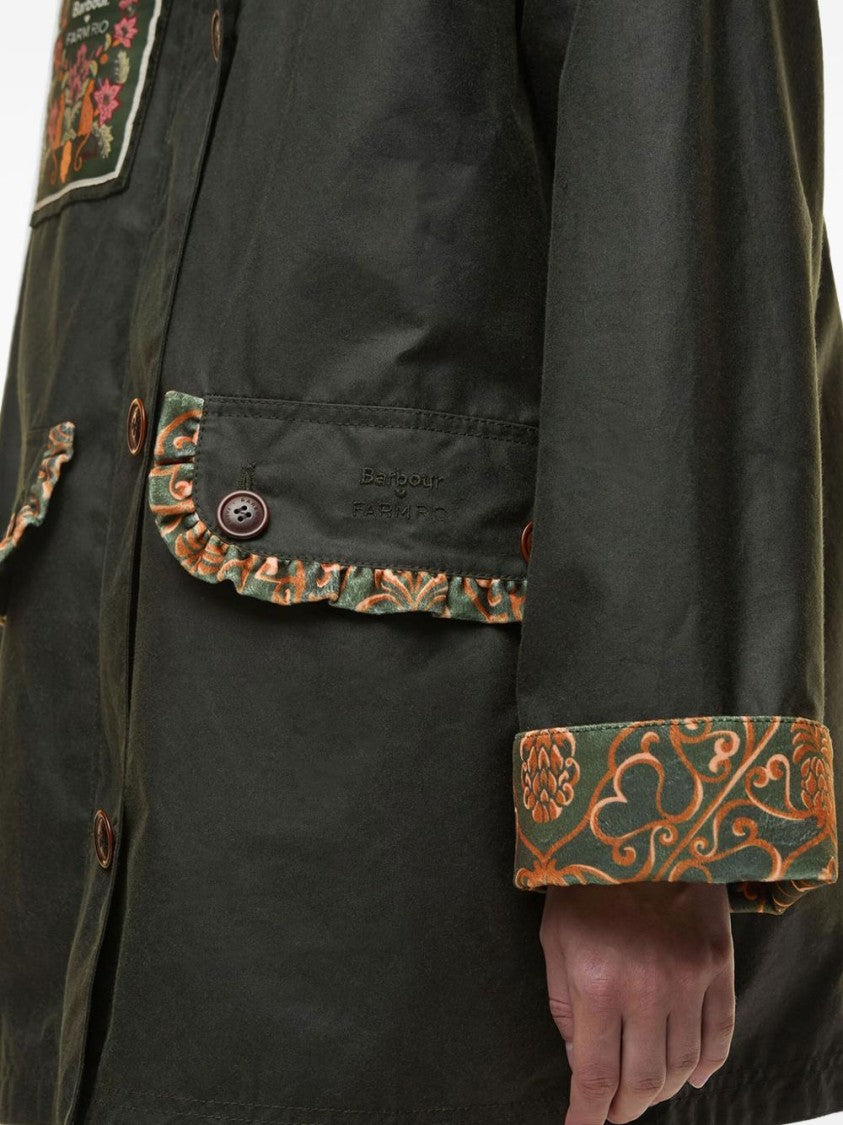 Barbour Dark Green Cotton Jacket With Patterned Collar