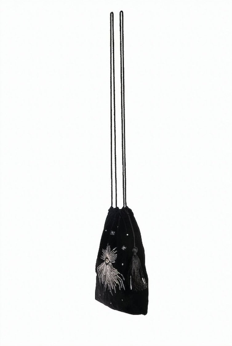 Hamoulet Black Velvet Drawstring Bag With Intricate Silver Embroidery