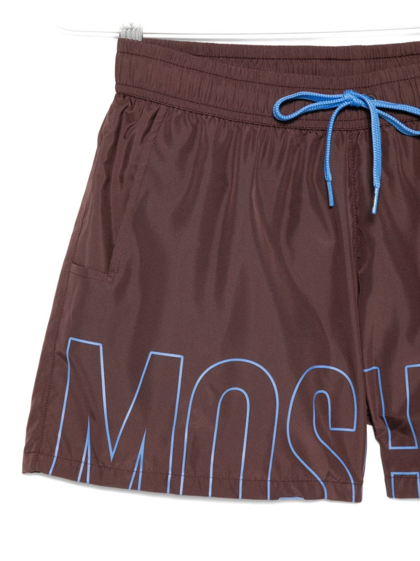 Moschino Brown Logo Print Drawstring Swim Shorts