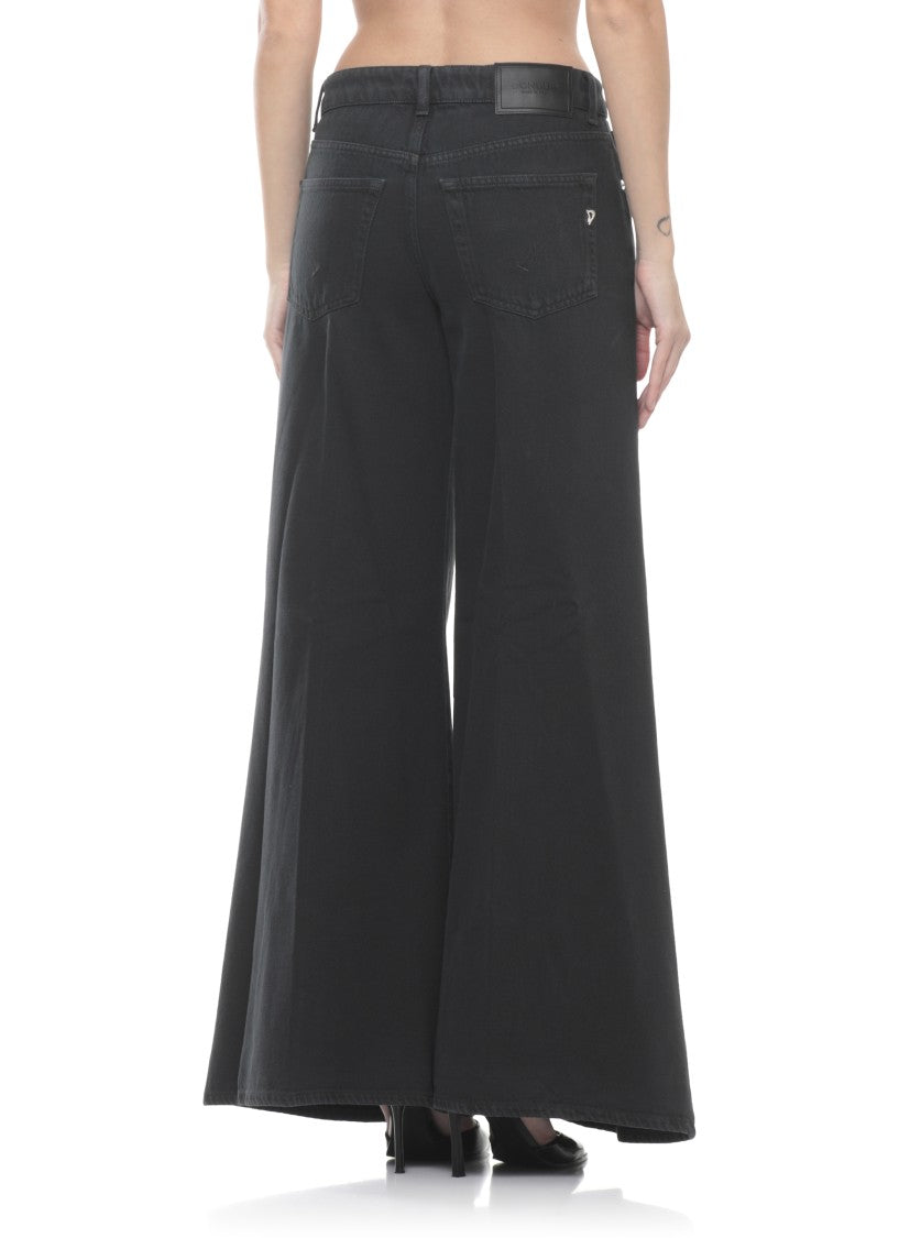 Dondup Black Marlen Leather Tab Palazzo Jeans