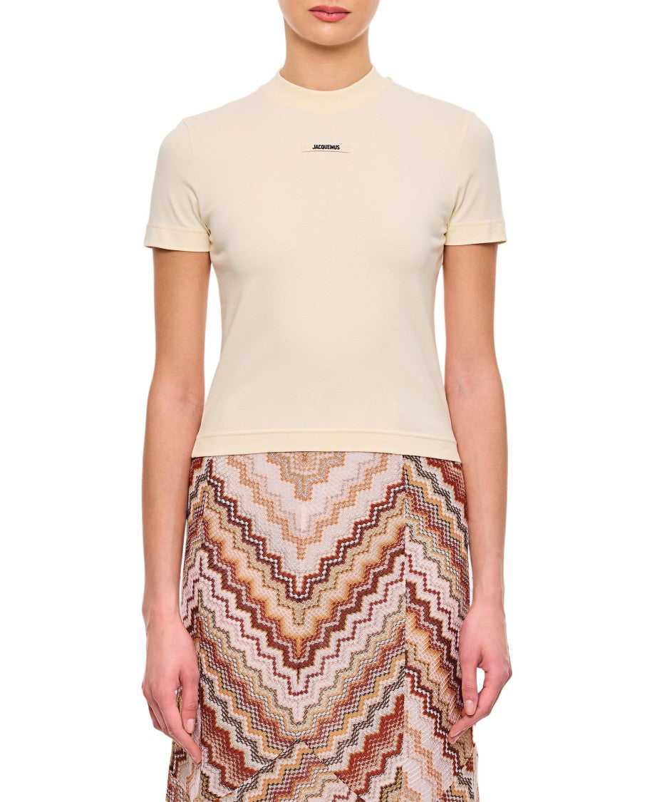 Jacquemus Fitted Round Neck T-Shirt With Logo Label In Beige