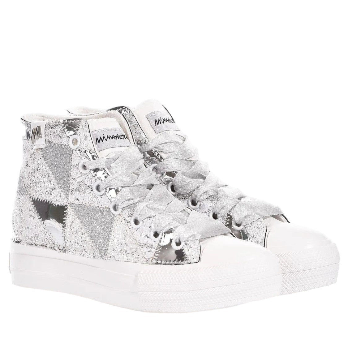 Mimanera Handmade Silver Patchwork High-Top Sneakers