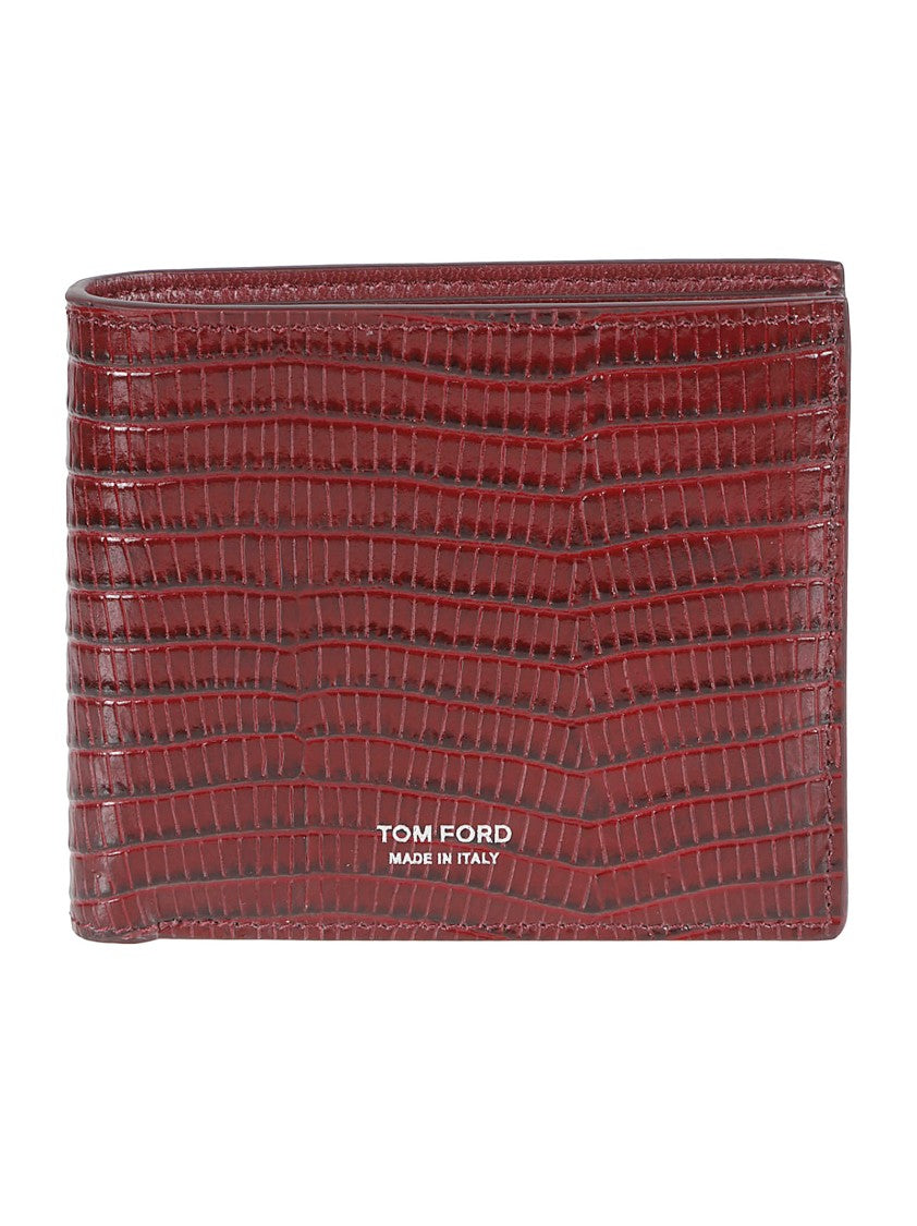 Tom Ford Textured Bifold Wallet In Glossy Deep Red Calf Leather