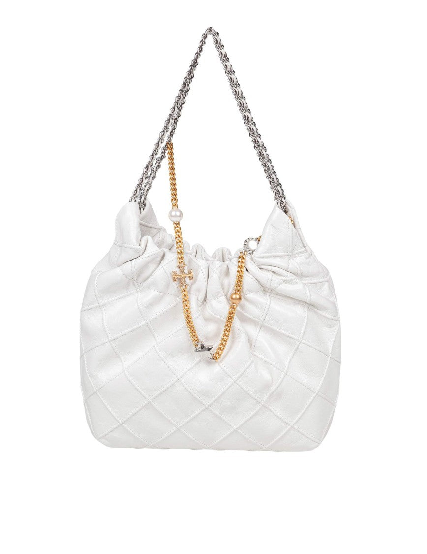 Tory Burch Mini Fleming Nappa Hobo Bag, White