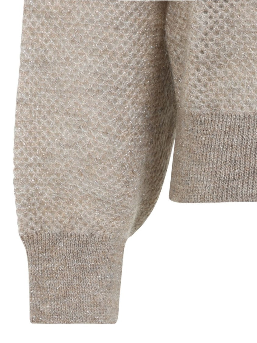 Brunello Cucinelli Black Open-Knit Crew Neck Dropped Sweater