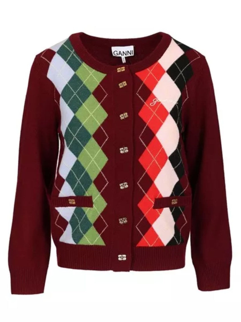 Ganni Burgundy And Multicolor Diamond Knit Cardigan