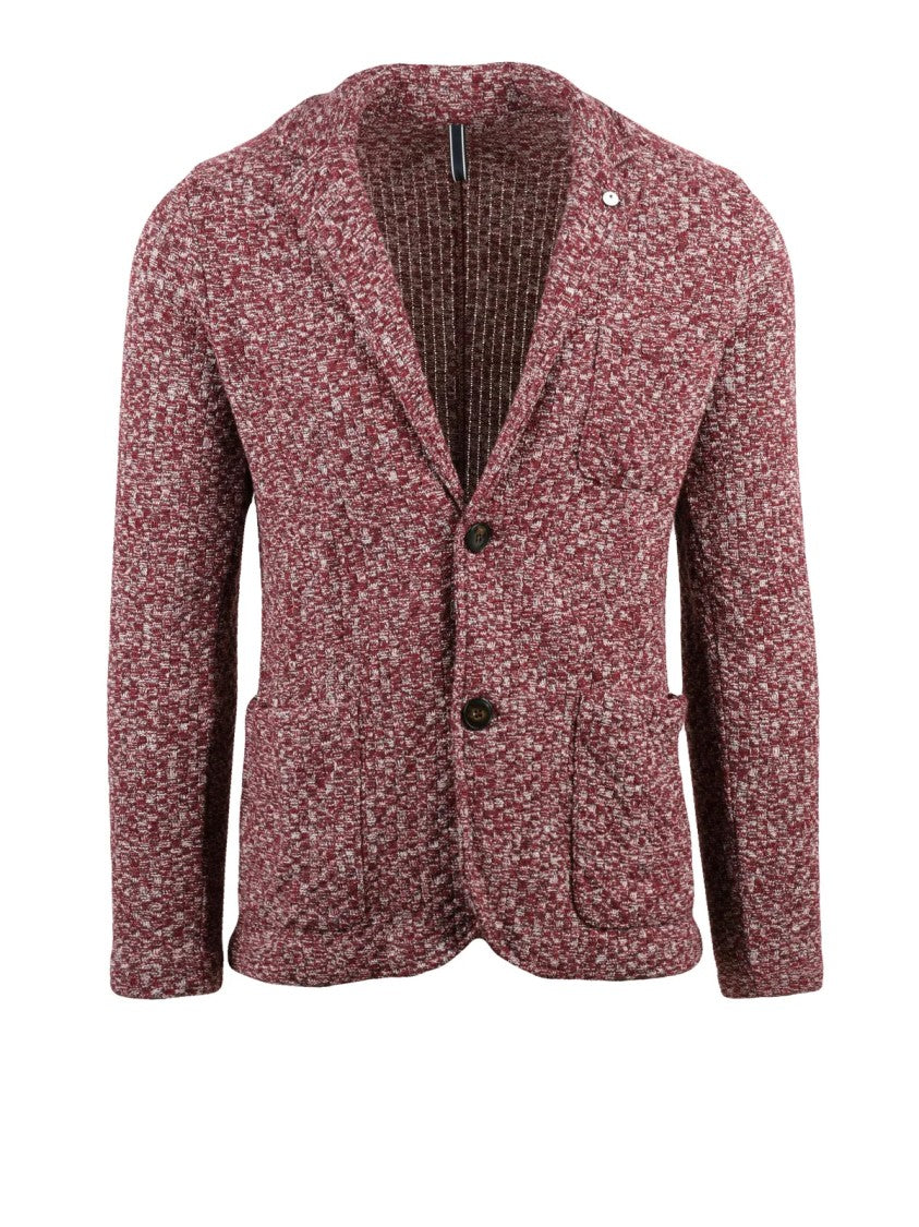 L.B.M. 1911 Textured Knit Blazer With Vibrant Red And Beige Pattern