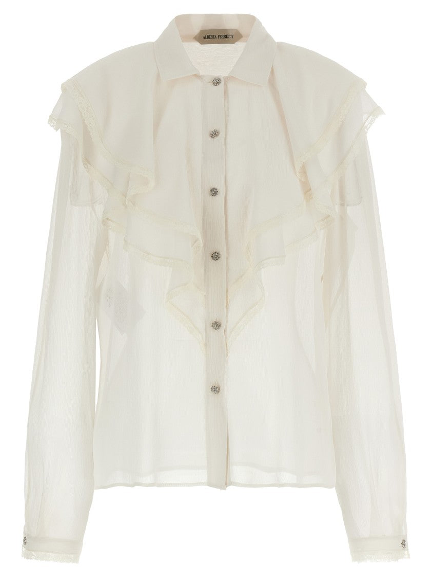 Alberta Ferretti Semi-Transparent Silk Crêponne Shirt With Lace Piping