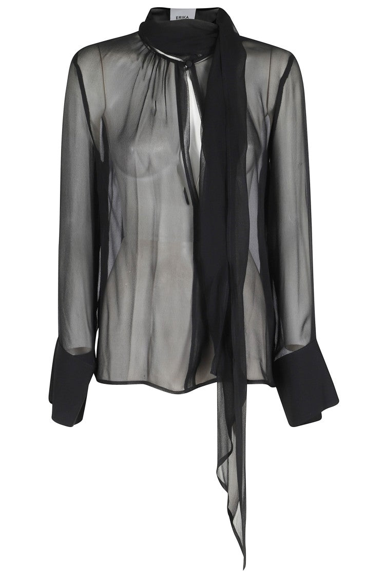 Erika Cavallini Black Kaia Georgette Scarf Crewneck Silk Blouse