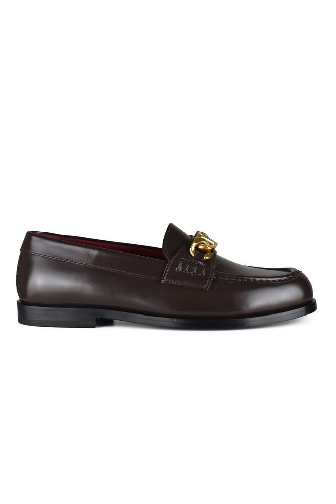 Valentino Garavani Brown Leather Loafers With Gold Chain Detail
