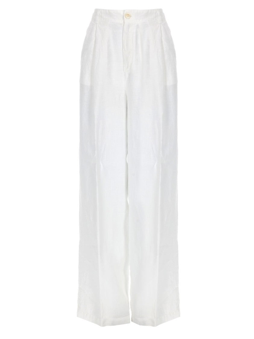 120% Lino White Luxurious Linen Wide-Leg Trousers