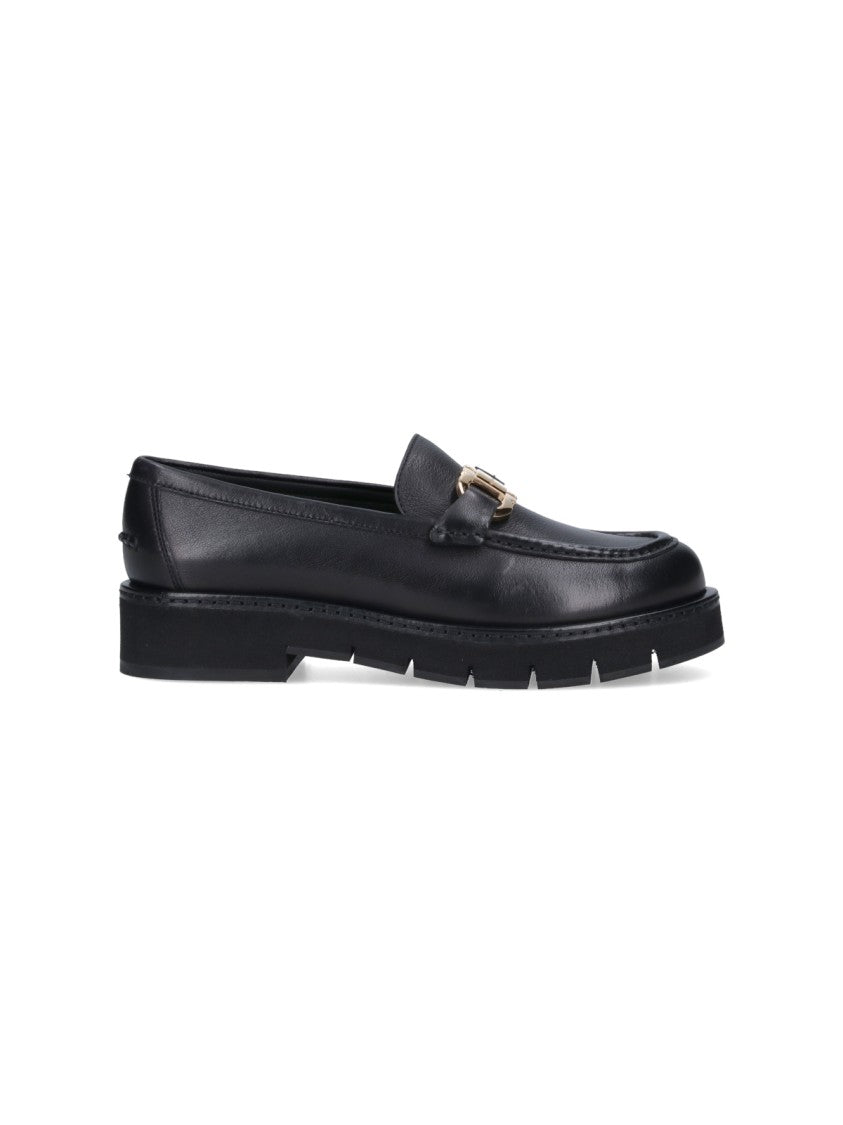 Ferragamo Black Leather Moccasins With Gold-Tone Logo Buckle