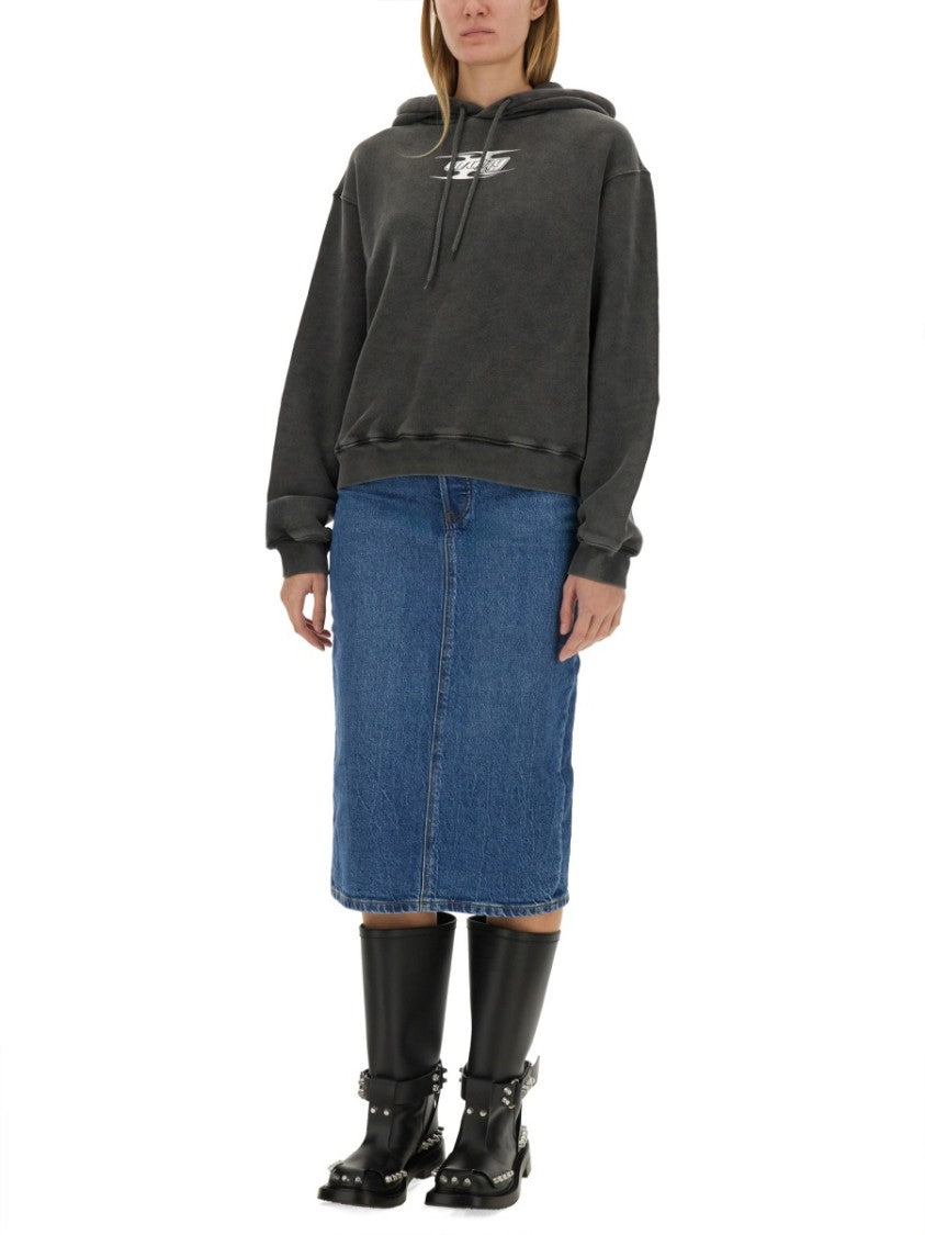 T By Alexander Wang Boxy Grey Sweatshirt With Logo Print And Drawstring Hood