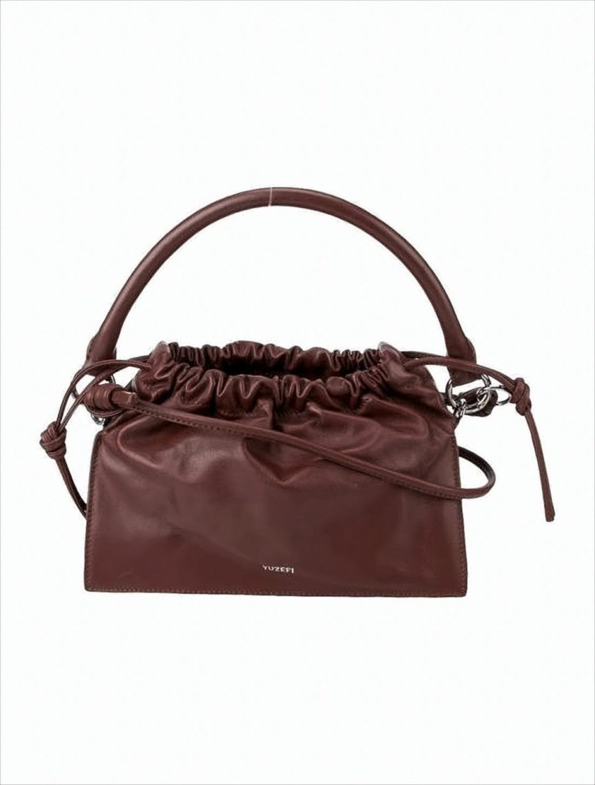 Yuzefi Rectangular Brown Leather Crossbody Bag With Ruched Closure