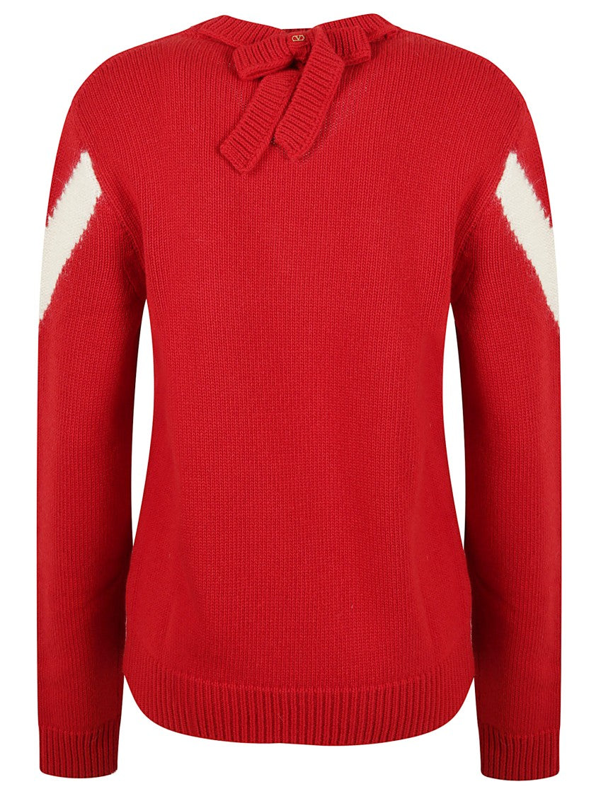 Valentino Garavani V-Neck Red Wool Sweater With Contrasting Inlay