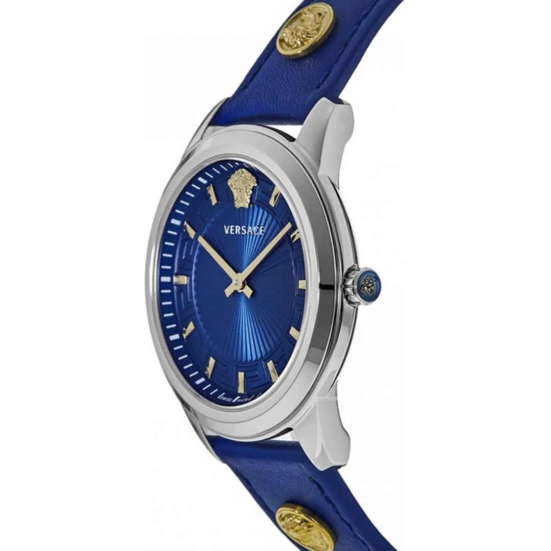 Versace Greca 38Mm Swiss Made Watch With Blue Leather Strap