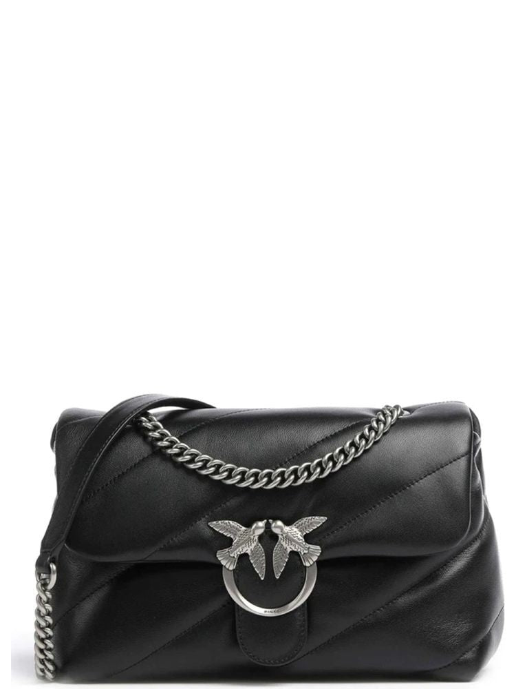Pinko Quilted Cow Leather Crossbody Bag With Silver Clasp And Chain Strap