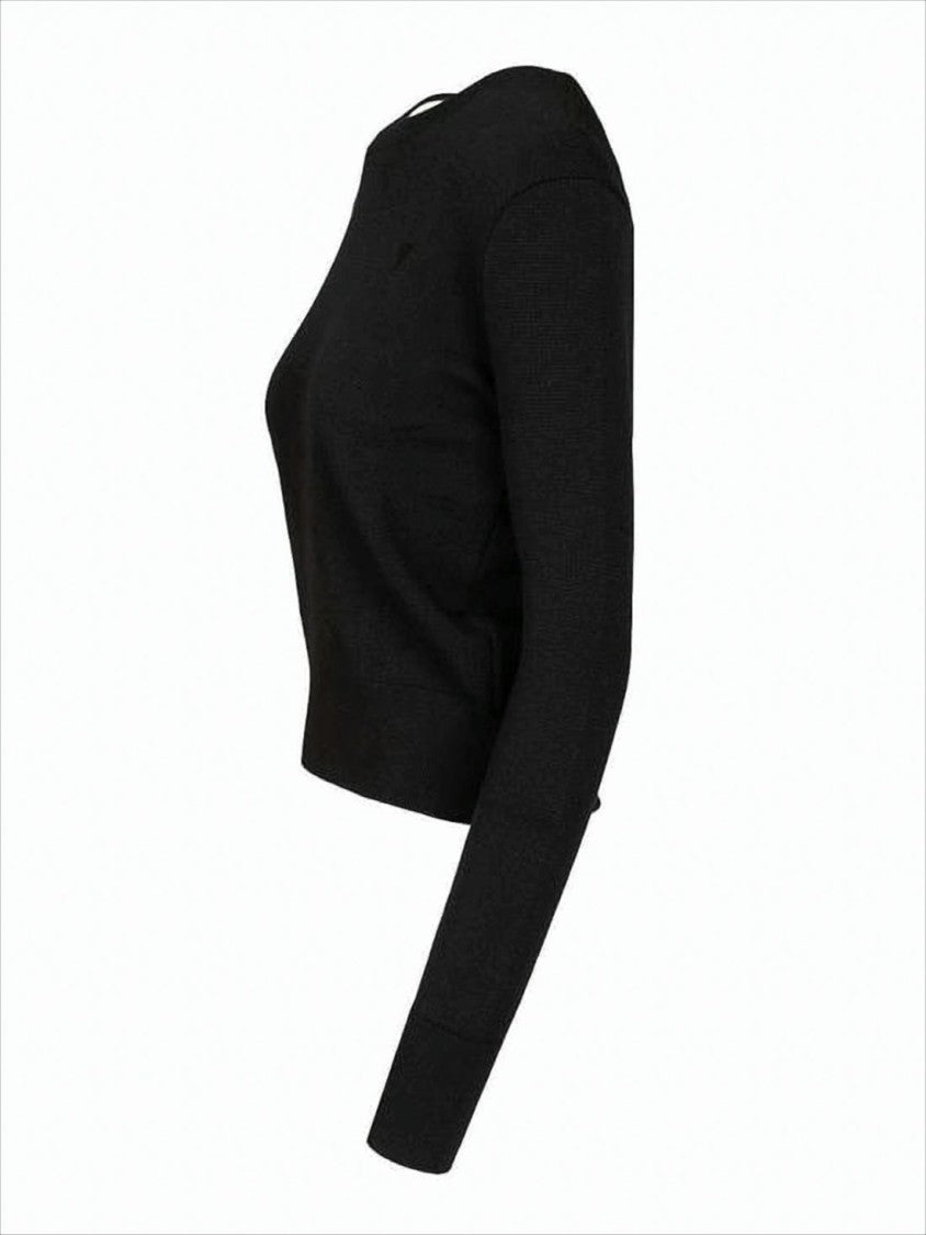 Ami Paris Fitted Black Wool Crewneck Sweater With Embroidered Detailing