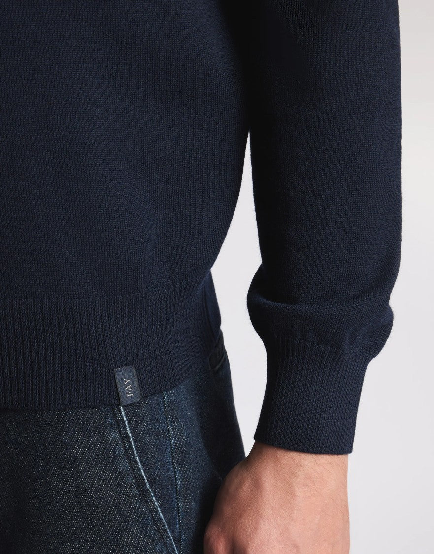 Fay Refined Crew Neck Sweater In Deep Navy Wool