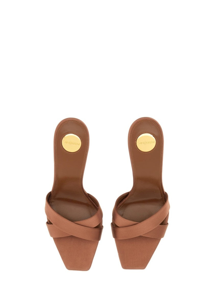 Saint Laurent Brown Satin Finish Mule With Crossed Straps
