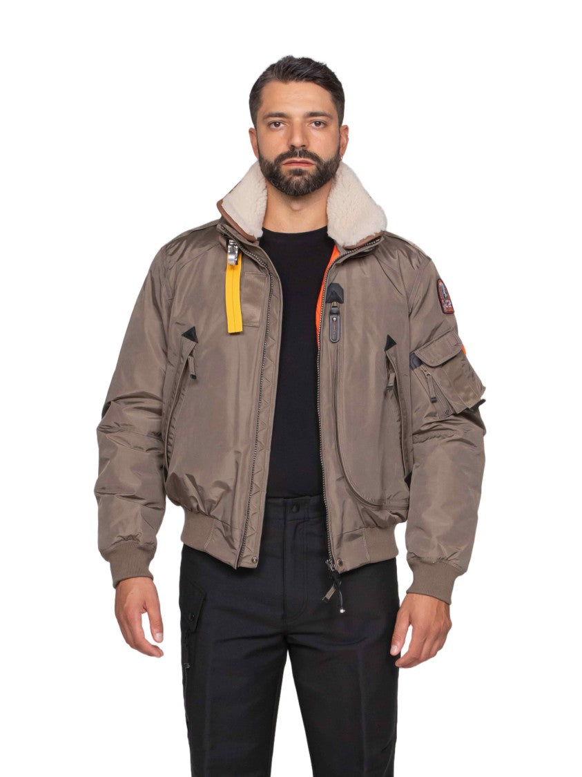 Pjs Parajumpers Slate Mud Bomber Jacket With Shearling Collar And Distinctive Accents