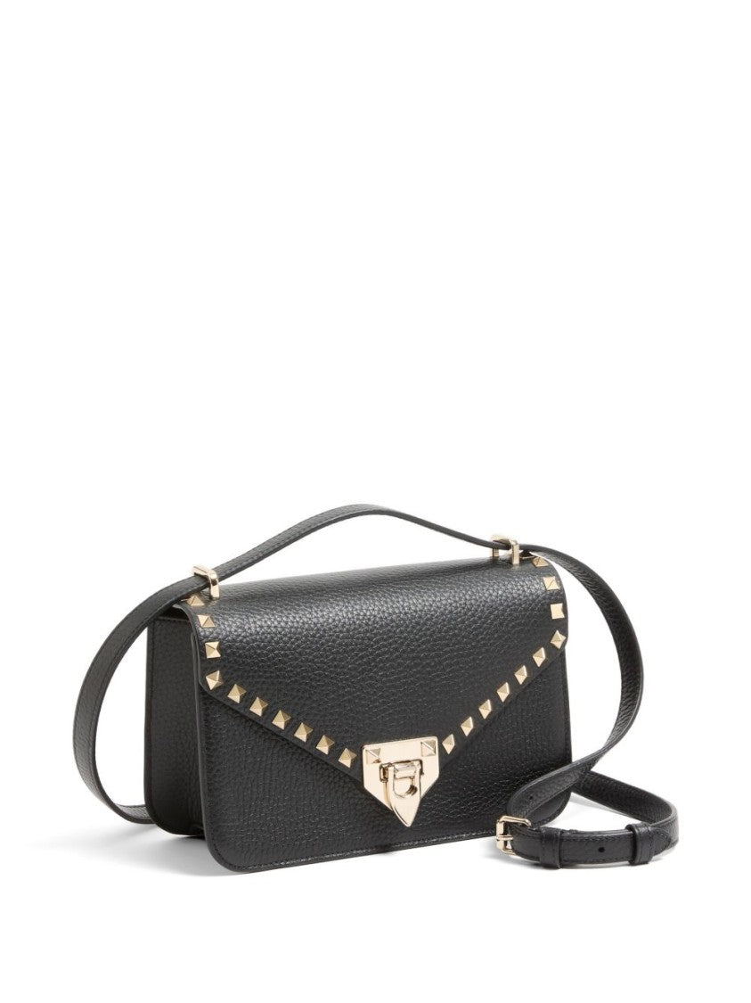 Valentino Garavani Black Textured Leather Pyramid Studs Shoulder Bag