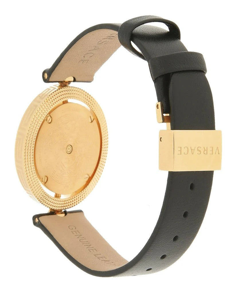 Versace Gold-Tone Stainless Steel Quartz Watch With Nacre Dial And Black Leather Strap