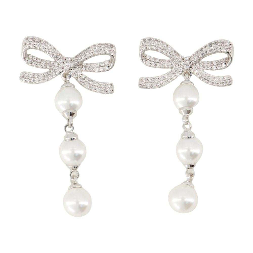 Self-Portrait Bow Tiered Pearl Earrings - Silver - White
