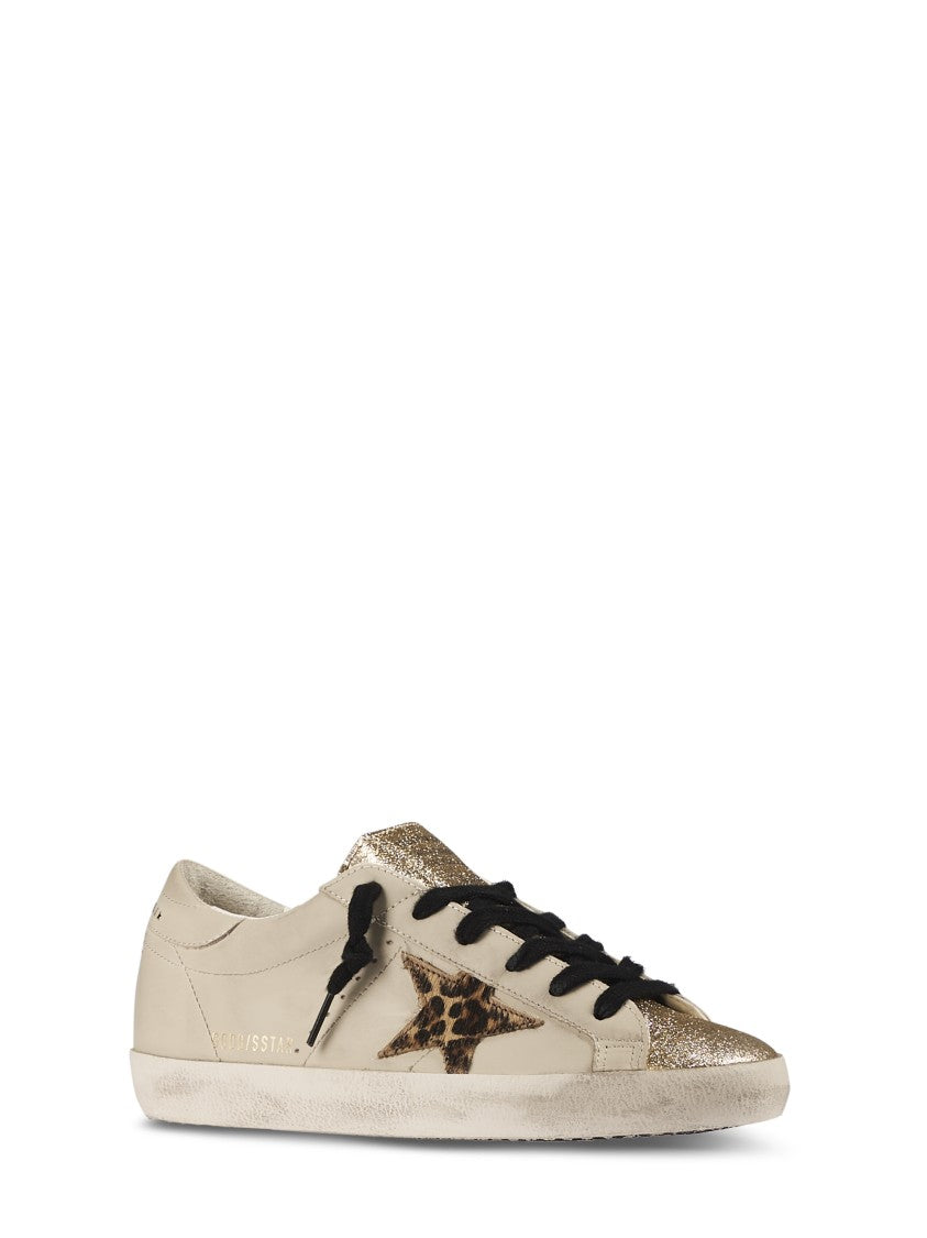 Golden Goose Leather Sneakers With Glitter Toe And Leopard Star
