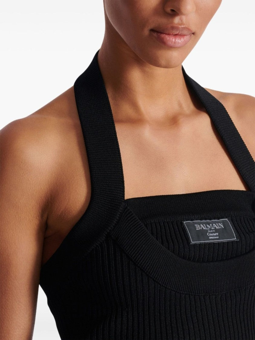 Balmain Black Ribbed Texture Halter Top