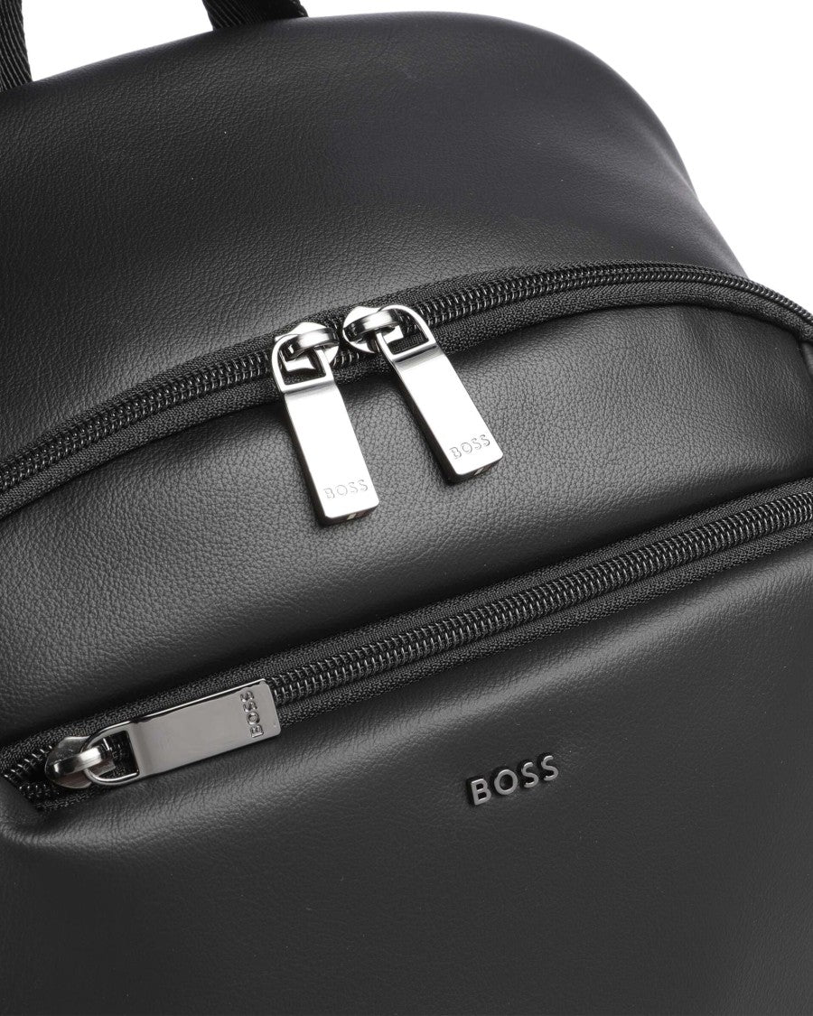 Boss Black Leather Metal Lettering Zip Backpack