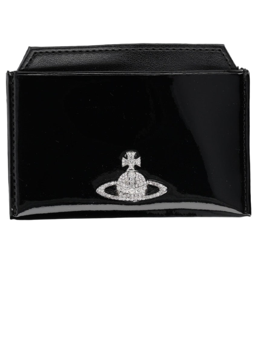 Vivienne Westwood Glossy Black Wallet With Silver Emblem And Embossed Logo