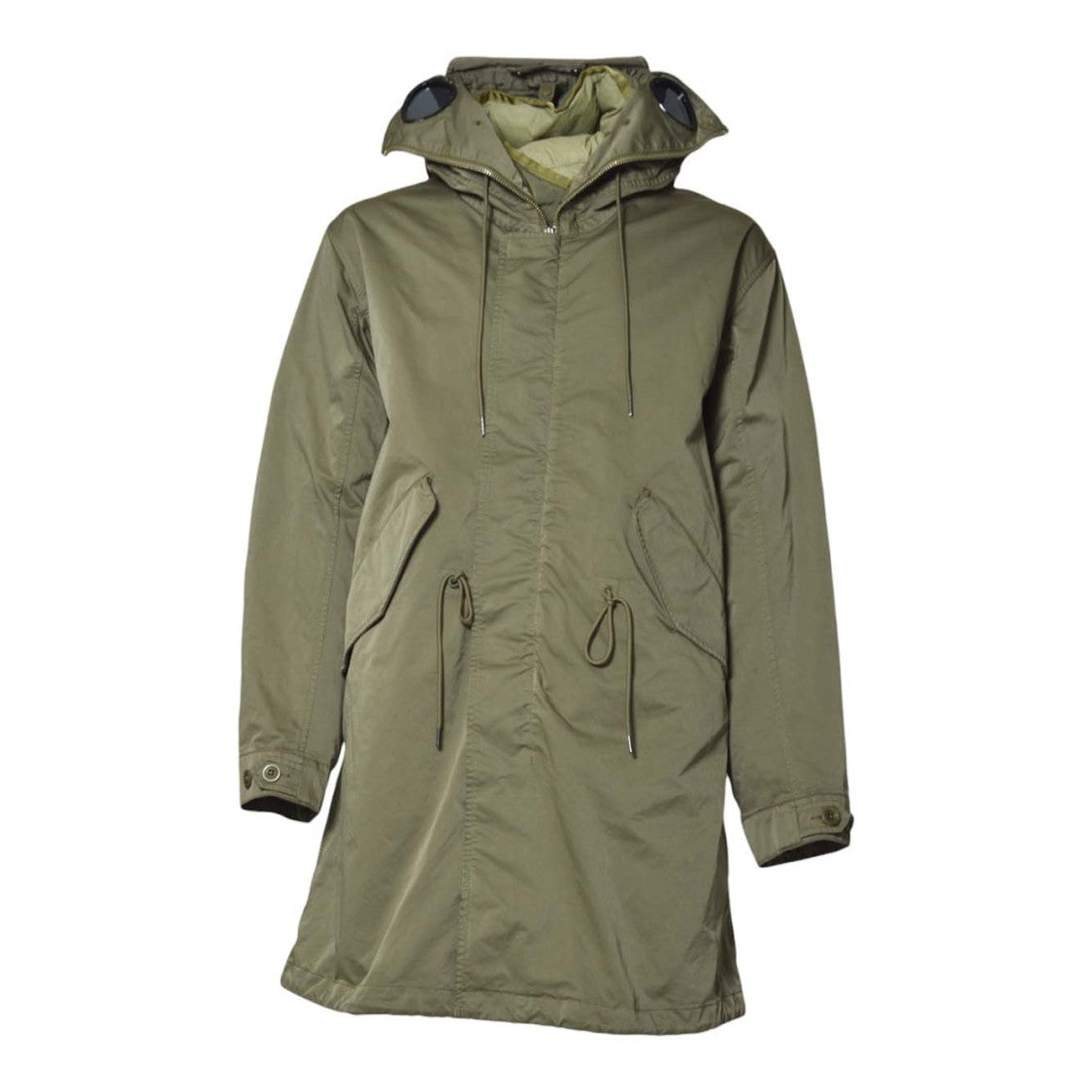 C.P. Company Long Hooded Green Coat With Fishtail Hem And Goggle Detail