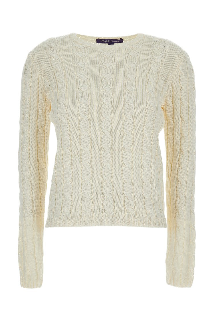 Ralph Lauren Collection Cropped Cream Cable Knit Sweater With Ribbed Trim